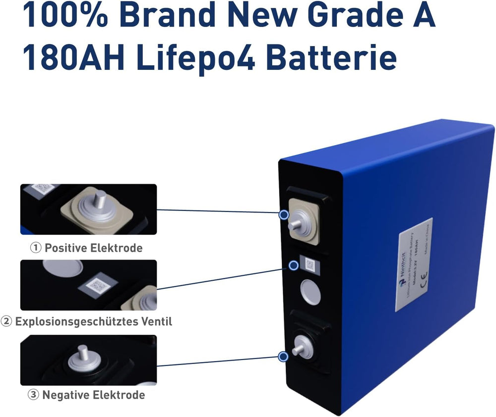 Ninthcit LiFePO4 Akku 12.8V 180AH, Lithium Batterie mit über 8000 Mal  Tiefzyklen und BMS Schutz für Solaranlage, Geeignet für Solaranlagen